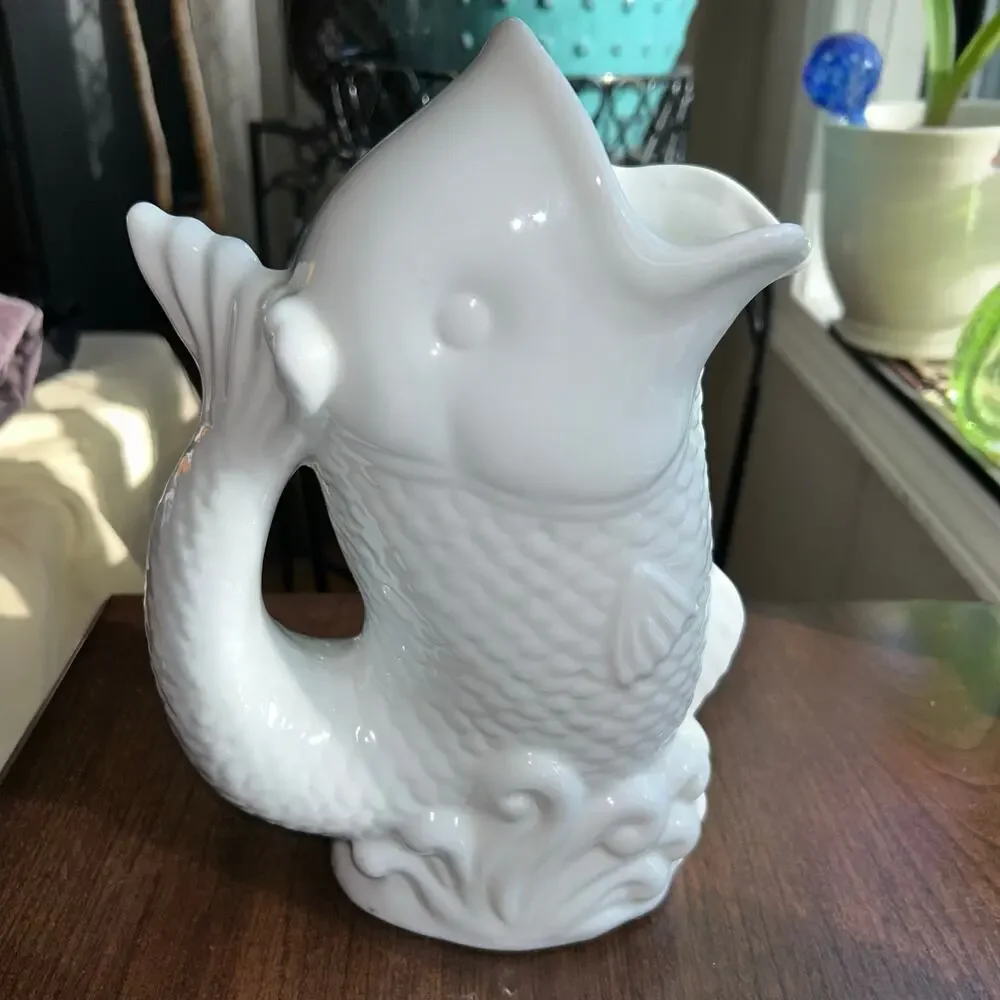 Vintage Boston Warehouse Fish Glass Glug Jug White Porcelain Pitcher
